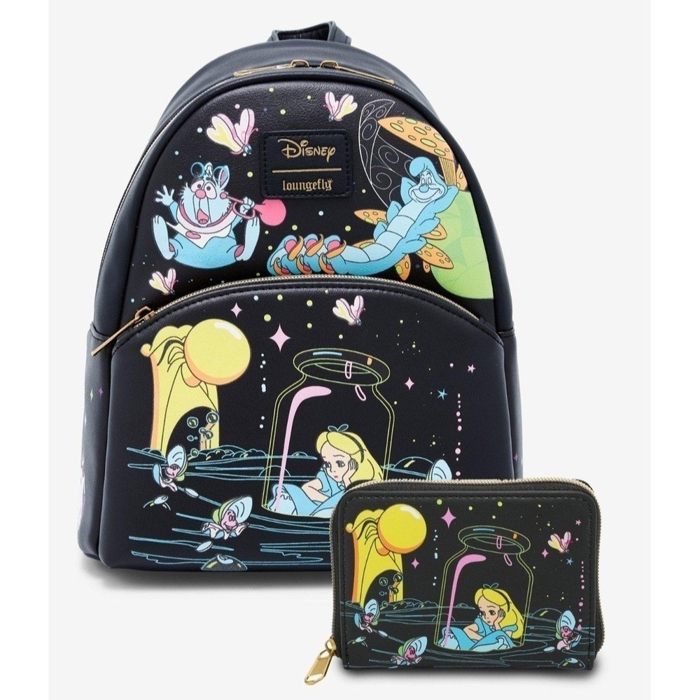 NEW! Loungefly Disney Alice In Wonderland Glow In The Dark Backpack & Wallet Set
